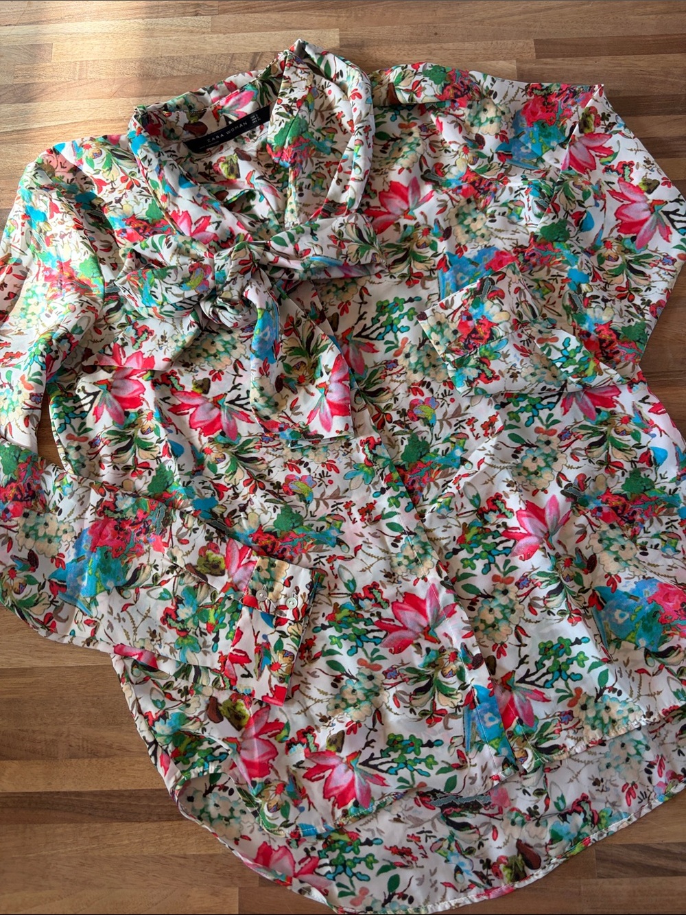 Zara Floral Tie-Neck Blouse - White with Pink, Green & Blue